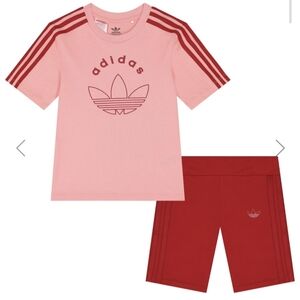 Adidas Kids Pink Tee BIKE Shorts Graphics Cycling Shorts Set XS SIZE 7 8 LOGO